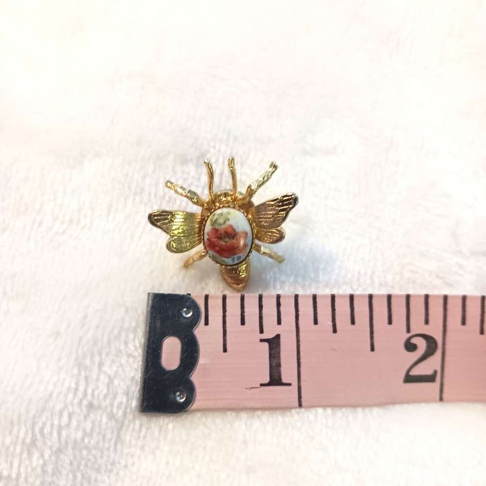 Vintage Gold Tone Bee Brooch Pin Hand-Painted Flower Body Initialed 1" Whimsical - Picture 2 of 10